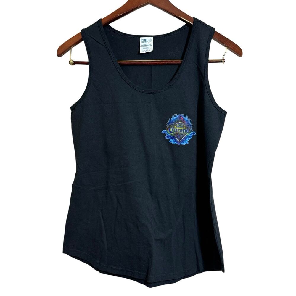 Corona Tank Top Ring Spun Women’s Size Large Black Tropical Print Logo Beachy
